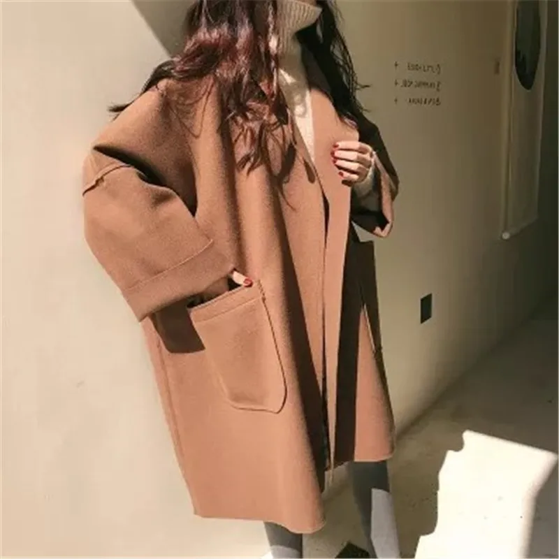 

2021 Autumn and Winter Women's Jacket Korean Loose Solid Color Large Size Mid-length Woolen Coat