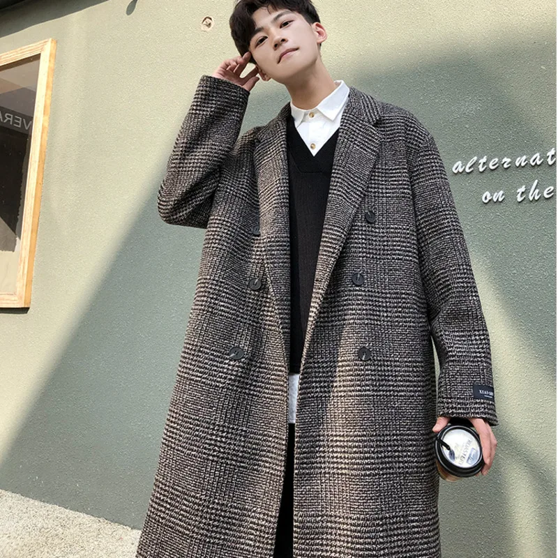 

IEFB autumn new loose Korean fashion warm plaid print woolen coat for men winter thickness mid length clothes vintage 4XL 9Y4729