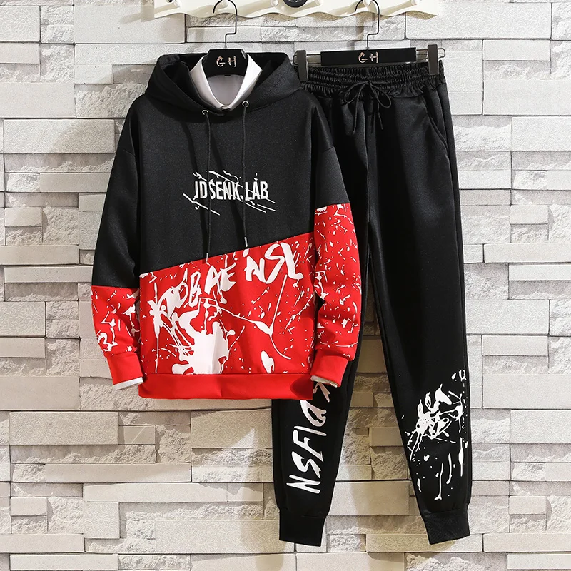 

(Hoodies+ Pants) Men's Cotton Hoodied Tracksuit Casual Printed Sets Sweatshirts Men Sportswear Set M-3XL Two Pieces