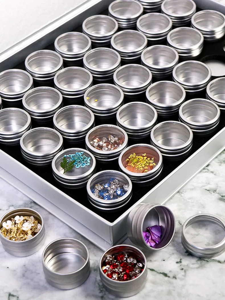 

Nail Art Manicure Tools Storage Box Transparent Lid Glitter Powder Sequins Jewelry Display Container Aluminum Jar Case Set