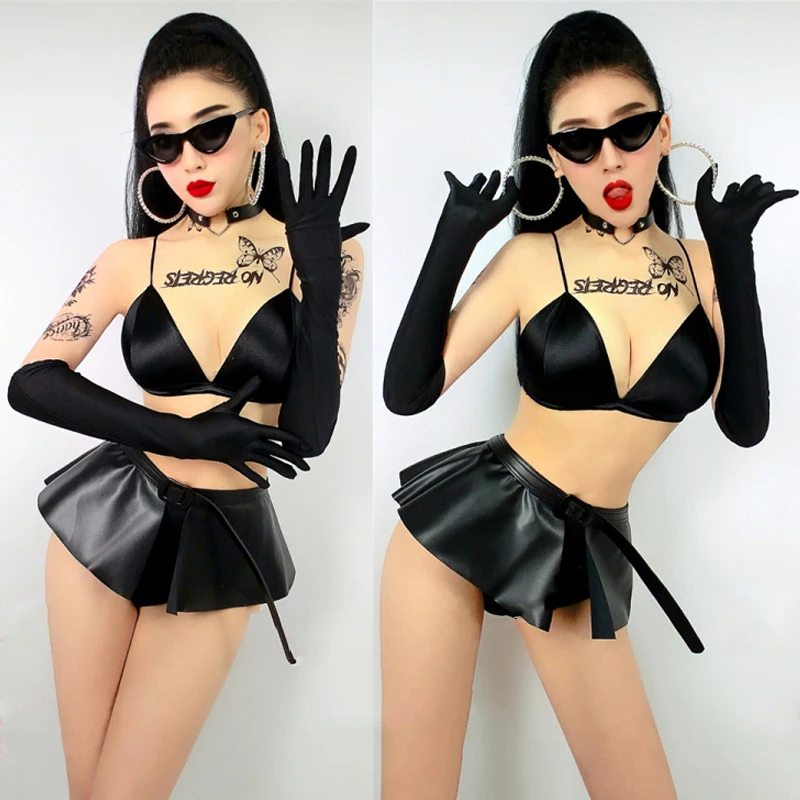 Женский костюм для джазовых танцев черное пикантное бикини короткая юбка одежда