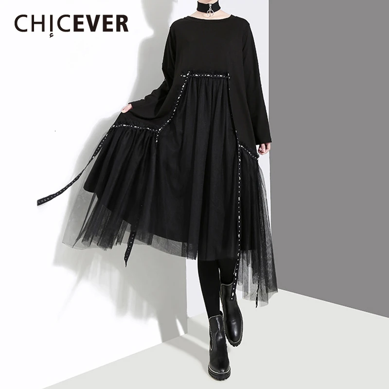 CHICEVER черное лоскутное Сетчатое платье для женщин с круглым вырезом и длинным