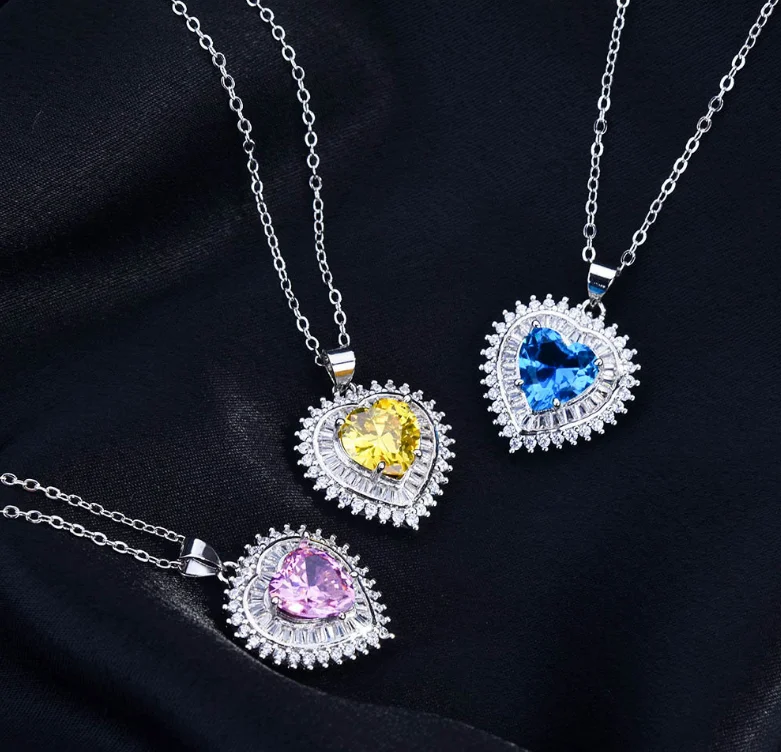 

ANGLANG Chic Heart Necklace with Pink&blue Cubic Zirconia Stylish Women Accessories for Party Fancy Love Gift Statement Jewelry