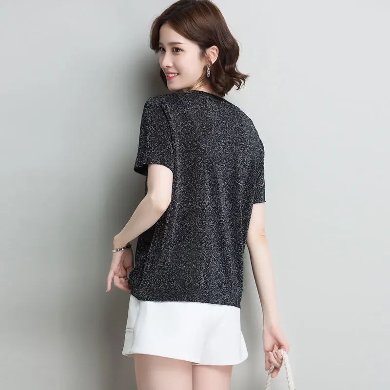 

Ice silk short sleeve T-shirt women's 2021 summer new loose size bright silk top half sleeve T-shirt