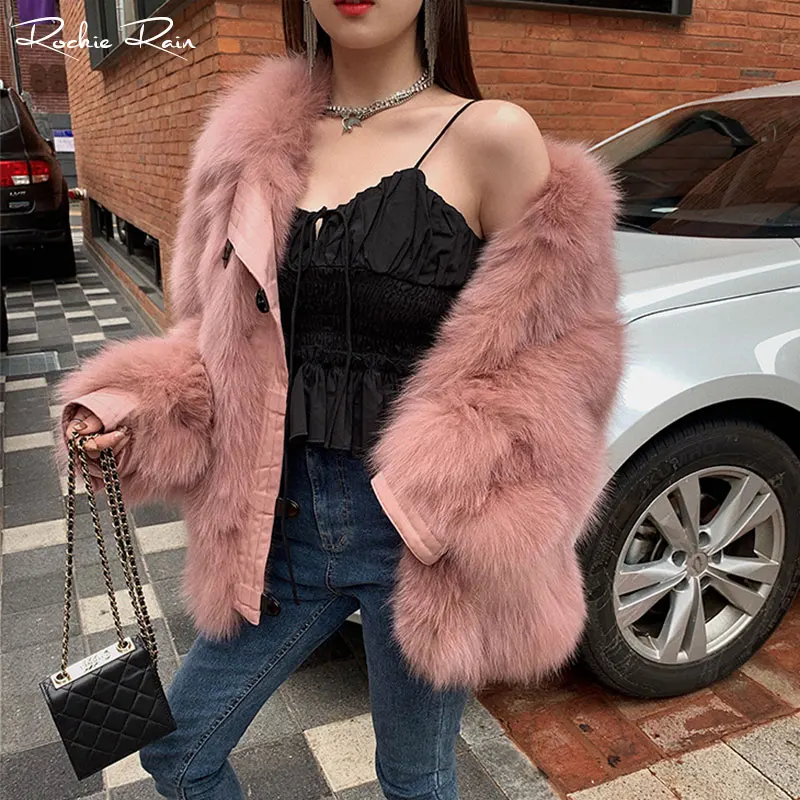 Натуральный Лисий мех пальто для женщин зимние теплые свободные отложной