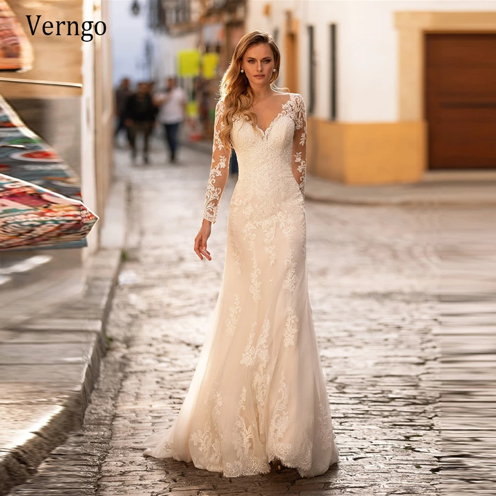 

Verngo Vintage Ivory Lace Applique Long Sleeves Wedding Dress V Neck Slim Sweep Train Buttons Back 2021 Bridal Dresses Mariage