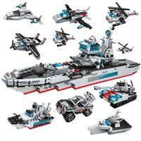 8pcslot navy cruiser warship helicopter fighter car military tank model building blocks sets educational toys for children