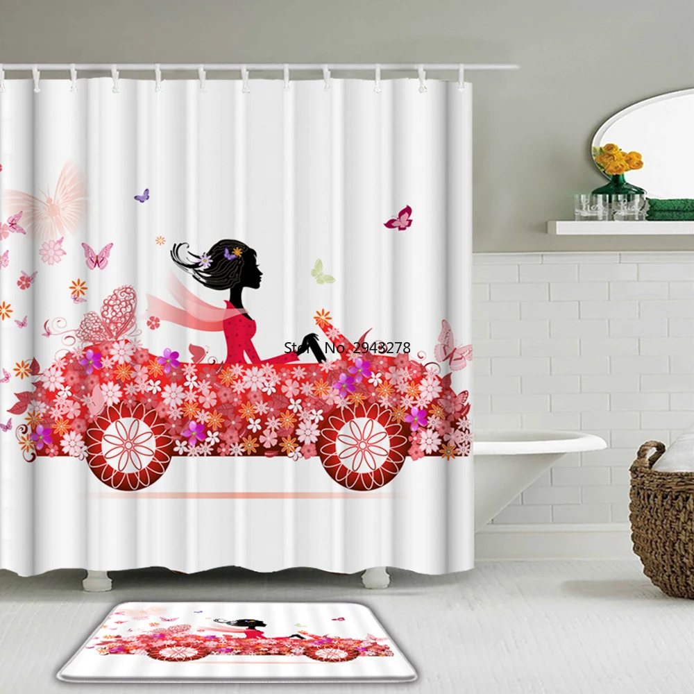

Flower Butterfly Woman Shower Curtains Waterproof Bathroom Curtain Toilet Mat Non-Slip Rug Set Bathtub Decor Girl Shower Curtain