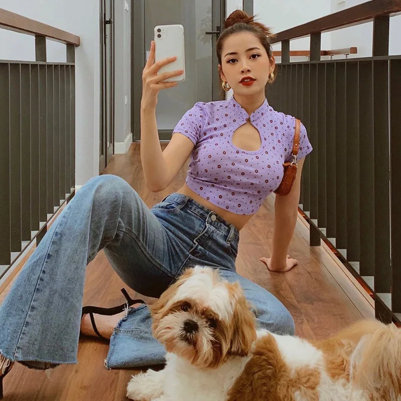 

Женский укороченный топ с цветочным принтом Y2K, летняя облегающая футболка с коротким рукавом и вырезами, Повседневная модная уличная одежд...