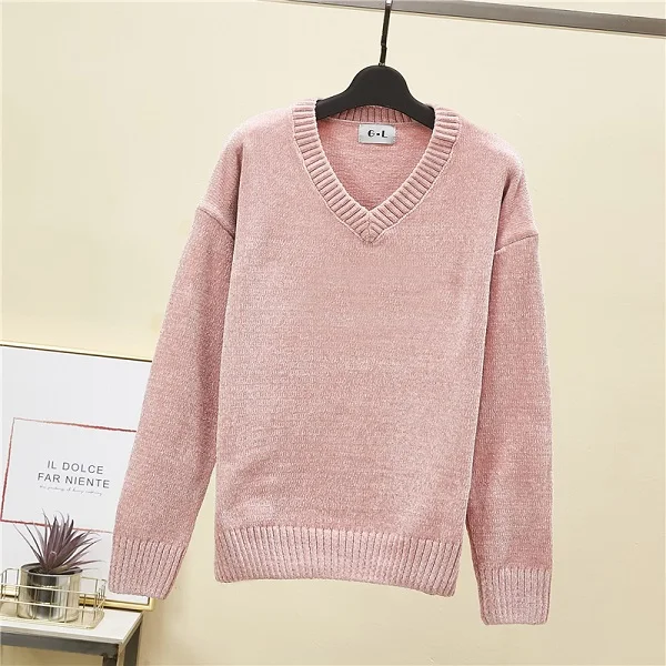 

Chic Vintage chenille Cashmere Women Full sleeve Gold velvet Sweaters Winter Ladies Solid color V-Neck Loose female jumpers 2020