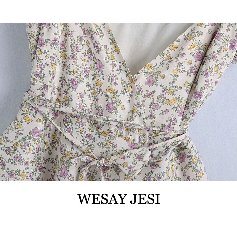 

WESAY JESI Summer Dress 2021 Chic Dresses Elegant Floral Pattern Fashion V-Neck Casual High Waist Elastic Puff Sleeves Female