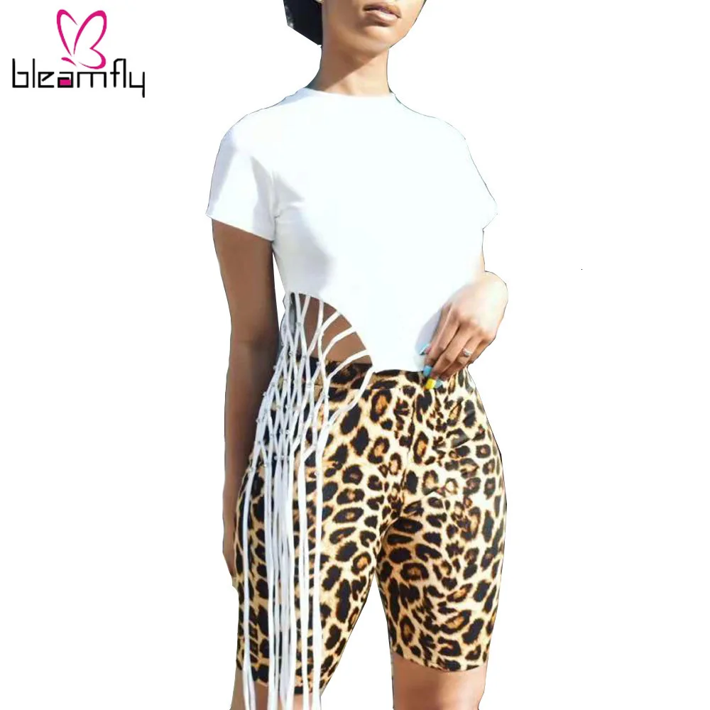 Осенняя Женская Сексуальная футболка на шнуровке с бусинами Леопардовый принт