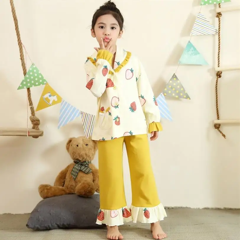 100% хлопок Детские комплекты с длинными рукавами и оборками Домашняя одежда