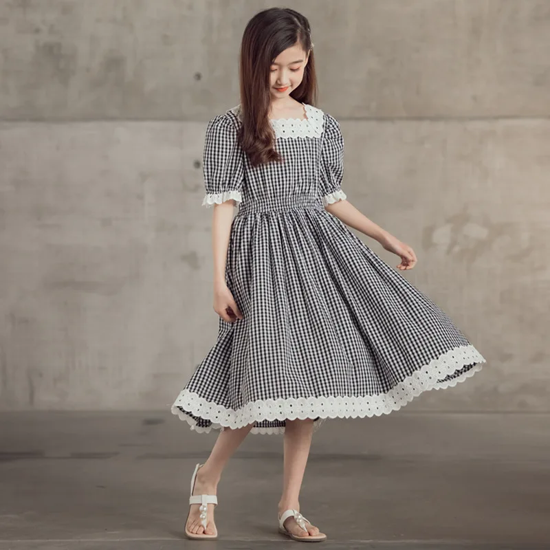 

10 12 Kids Short Sleeve Plaid Lace Dresses 2021 New Summer Elegant Teen Girls Clothes
