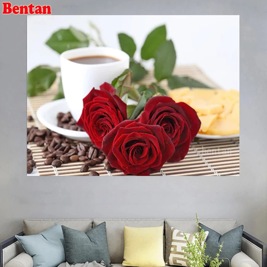 5D Diamond Painting Kits Coffee Cup And Romantic Rose Flower Full Square Drill Cross Stitch Embroidery Mosaic | Дом и сад