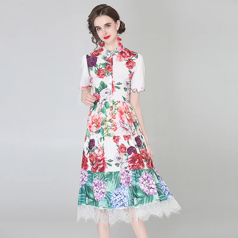 

Merchall 2021 Fashon Summer Holiday Lace Patchword Midi Dress Woman Elegant Floral Print Slim Robe Beach Party Vestidos M58278