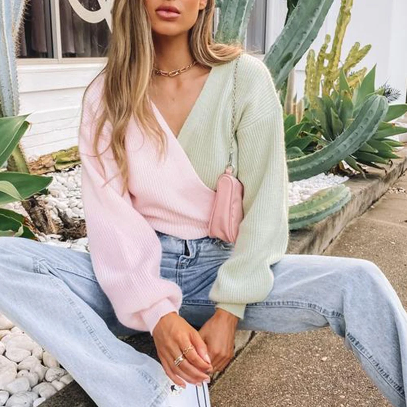 

Knited Criss Cross Women Sweaters Pullover Loose Color Matching Batwing Sleeve Lace Up Sweater Fashion Sweet Lady Party Knitwear