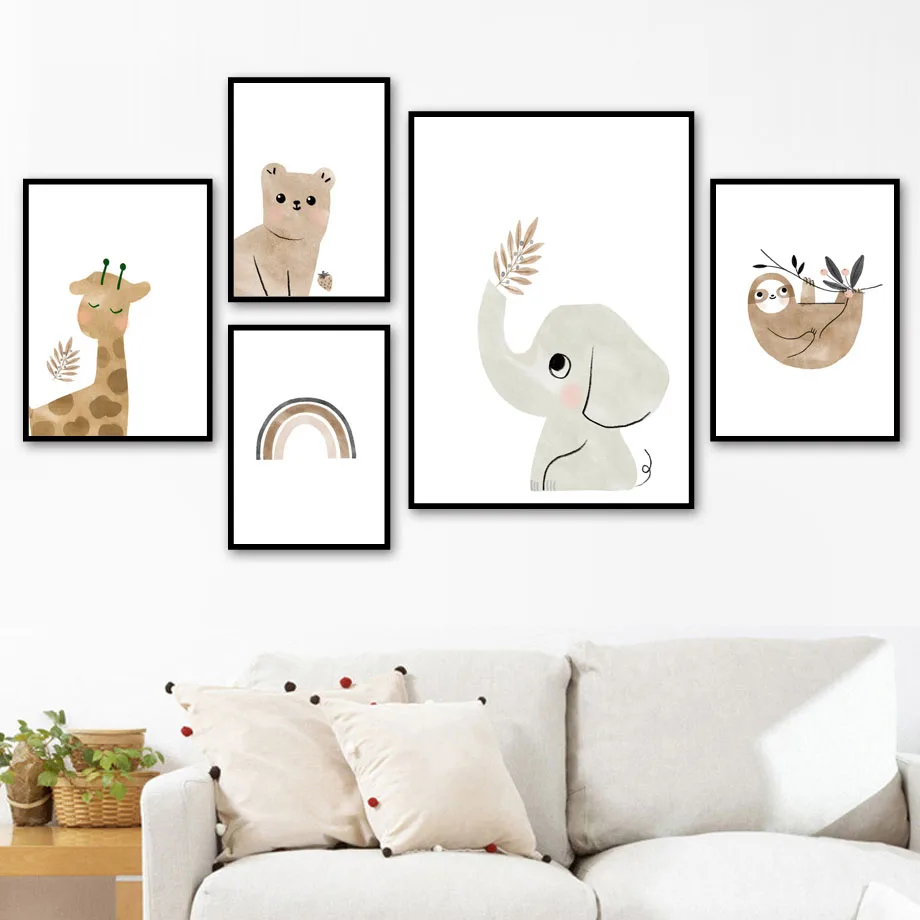 Nordic posters and prints bear elephant giraffe lazy rainbow wall art oil painting cartoon mural children's room decoration | Дом и сад