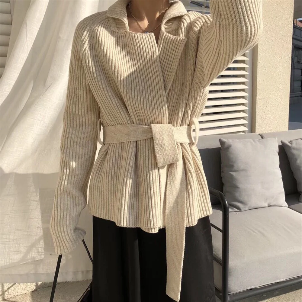 

HziriP Beige Solid Loose Knitted Sweaters Hot Lady Work Wear Casual All Match 2021 Fashion Women Lace-Up OL Cardigans Coats