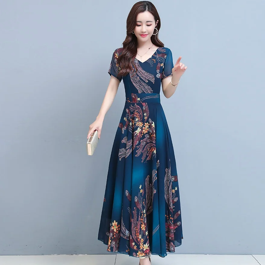 

Women Bohemia Chiffon Long Dress Peacock Print Short Sleeve Maxi Dress 2021 New Summer Elegant Vintage V Neck High Waist Dress