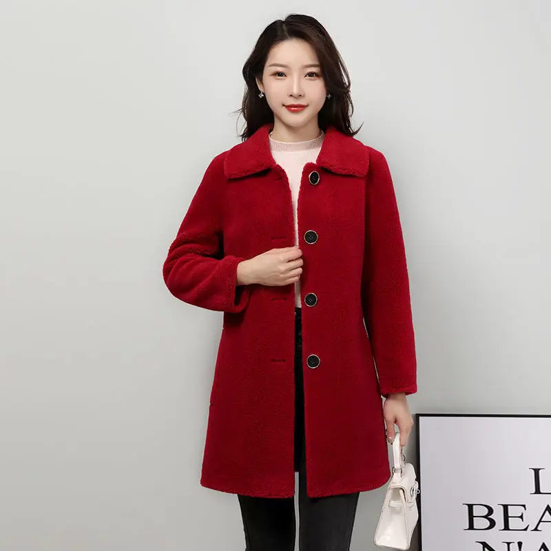 2021 Autumn Winter Women Genuine Wool Button Outwear Female Turn Down Collar Real Sheep Shearing Fur Coat Lady Solid Jacket O194