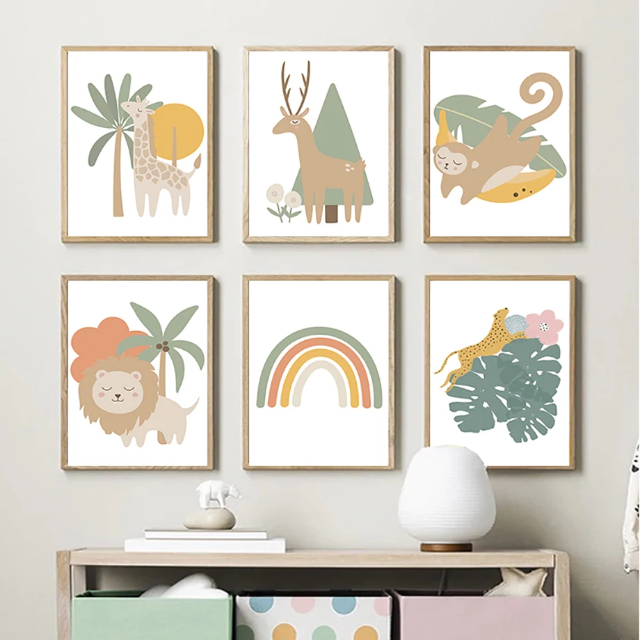 

Boho Animals Monkey Lion Giraffe Tropical Leaf Wall Art Canvas Painting Nordic Posters And Prints Wall Pictures Kids Room Decor