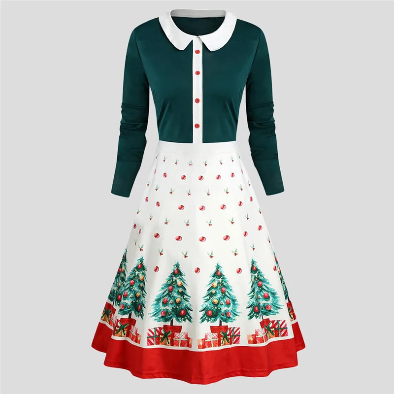 Женское рождественское платье винтажное трапециевидной формы с длинным рукавом
