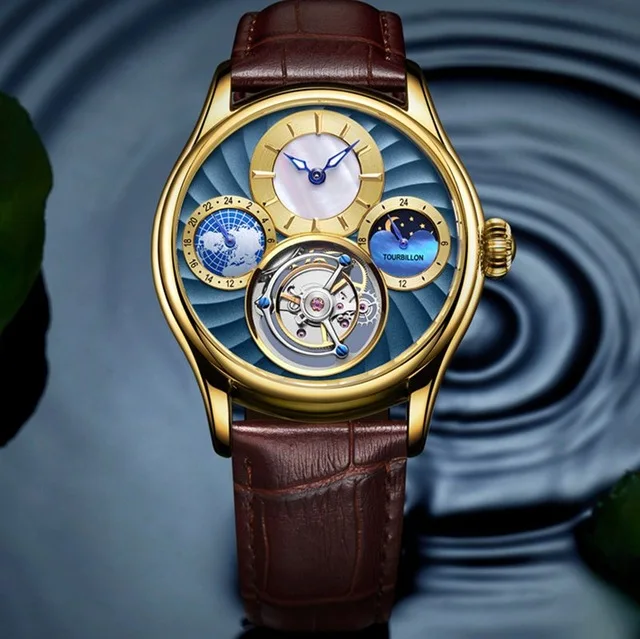 Gold Blue Tourbillon сапфир часы Скелетон Мужские автоматические механические часы Многофункциональный 24-часовой и лунной фазой, Для мужчин часы лучший бренд класса люкс - Цвет: Gold Blue