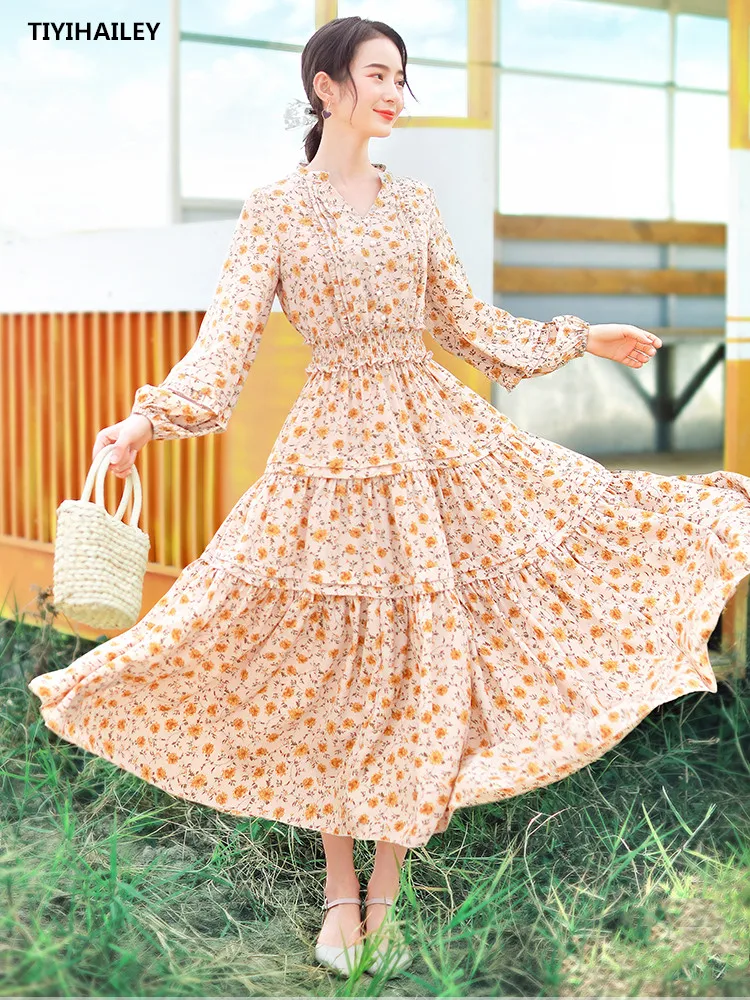 

TIYIHAILEY Free Shipping Boshow Autumn Spring High Waist Print Long Maxi Lantern Sleeve S-L Flower Dresses Chiffon Big Hem Belt