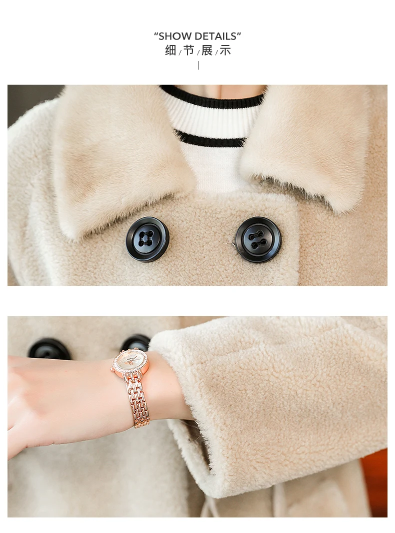 

Shearling Sheep Real Coat Winter Mink Fur Collar 100% Wool Coats and Jackets Women korean Jacket MY3931