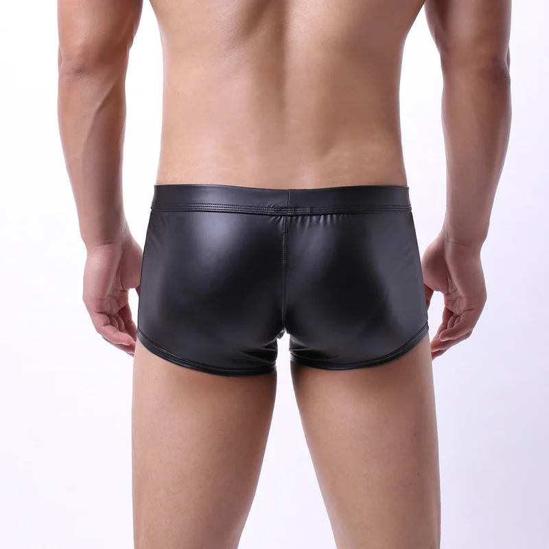 Sexy Mens Boxer Shrots PU Leather Open Crotch Lingerie Panties Wetlook Clubwear Stage U-convex Pouch Boxershorts Gay Underwear | Мужская