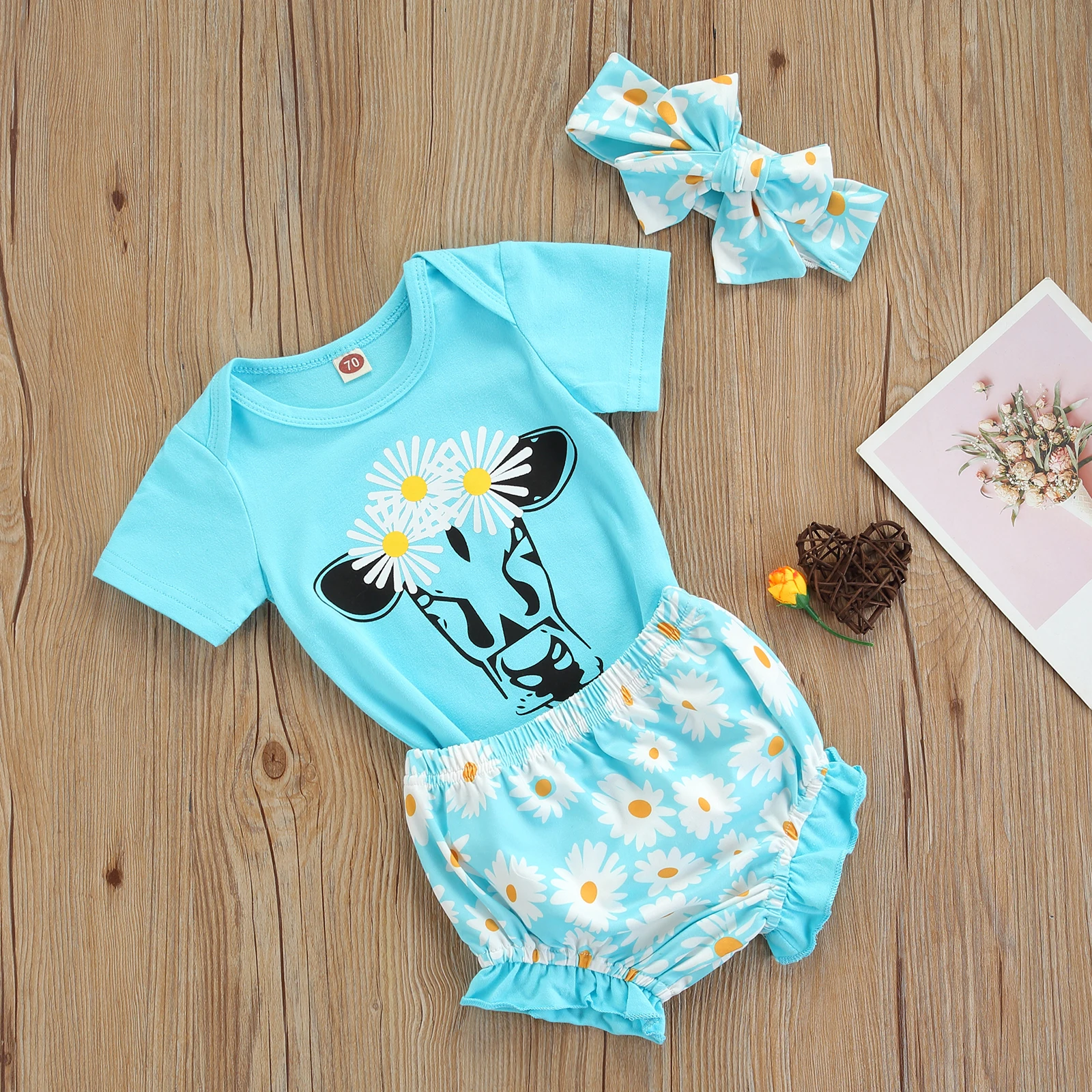 

2021 Baby Daisy Print Clothes Set, Girls Short Sleeve O-neck Romper + Shorts with Ruffles + Bow-knot Headband,0-24 Months