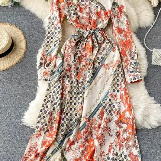 

Women Vintage Print Long Dress Autumn Chic Stand Collar Button Long Sleeve Dress Chinese Style A-line Vacation Dress 2020