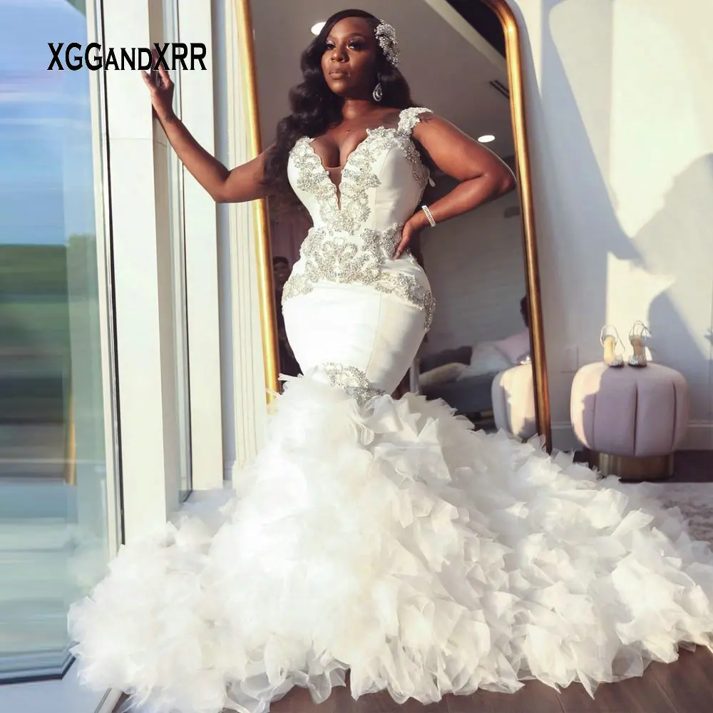

African Mermaid Wedding Dress 2021 Sweetheart Ruffle Royal Train Black Bride Dress Beading Formal Bridal Gown Plus Size Pageant