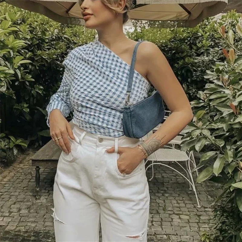 

Vogue Elegant Woman Blue Plaid One-Shoulder Shirts Tide Spring Fashion Female Irregular Skew Collar Tops Ladies Streetwear Top