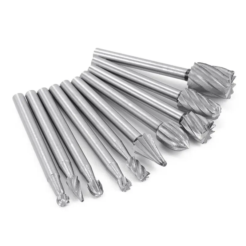

10pcs HSS Tungsten Carbide Rotary Cutting Burr Set Grinder Bit 1/8 inch (3mm) Shank Woodworking Carving Tools