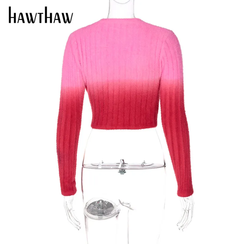 

Hawthaw Women Autumn Long Sleeve Knitted Buttons Slim V Neck Gradient Short Tops Sweaters 2021 Fall Female Clothing Streetwear