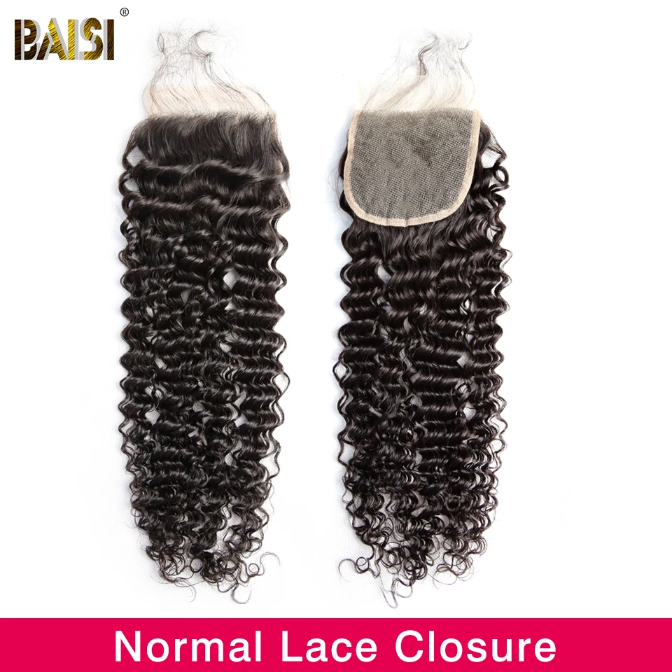 Nomal Lace Closure BAISI волосы перуанские девственные волосы кудрявые кружева закрытие 4x4 отбеленные узлы с волосами младенца человеческие волосы - Цвет: Nomal Lace Closure