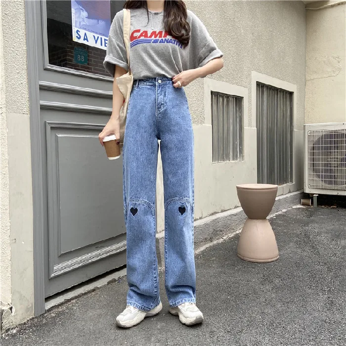 

Fashion Love Pattern Embroidered Woman Jeans High Waist Wide Leg Denim Blue Streetwear Vintage Quality Harajuku Straight Pants