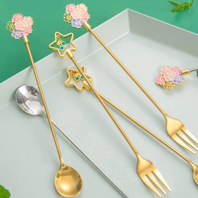 

1PC Stainless Steel Spoon Fork Flower Star Coffee Spoon Dessert Spoon Ice Cream Spoon Cute Pendant Fork Fruit Fork Tableware