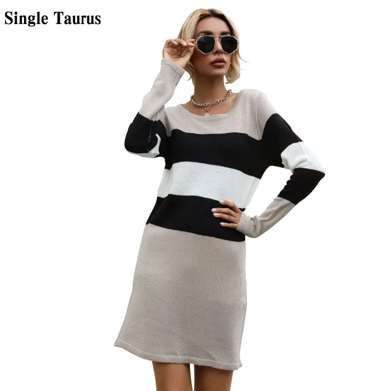 

2021 Fall Winter Long Length Pullovers Sweaters Dress O Neck Long Sleeve Fashion Streetwear Jumper Striped Sweater Vestidos