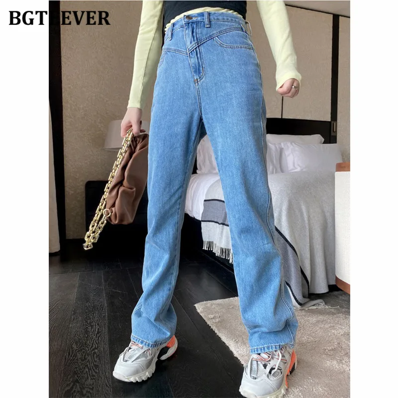 

BGTEEVER Stylish Chic Straight Jeans Pants for Women 2021 High Waist Loose Blue Denim Jeans Long Pantalon Femme Spring