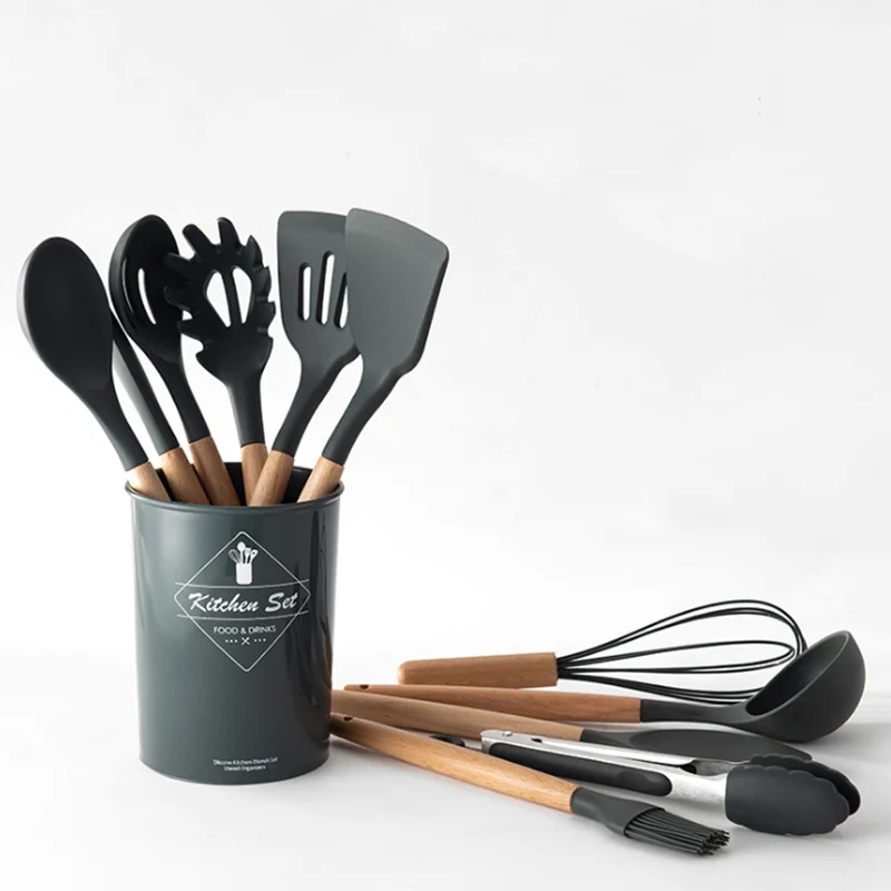 

Silicone Cooking Utensil Set Wooden Handle Spatula Soup Spoon Brush Ladle Pasta Colander Non-stick Cookware Kitchen Accessories