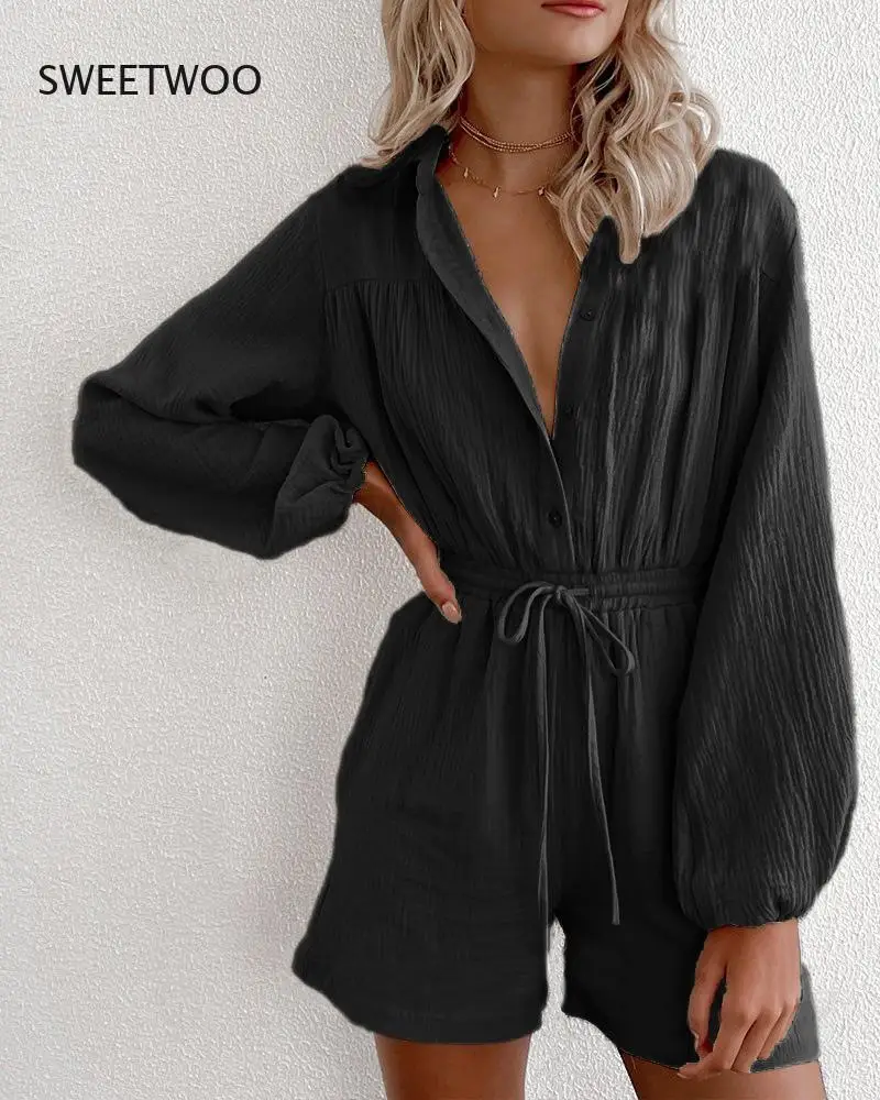 

2021 Spring and Summer New Jumpsuit Women's Long-Sleeved Drawstring Pockets Waist Single-Breasted Cardigan Loose Jumpsuit