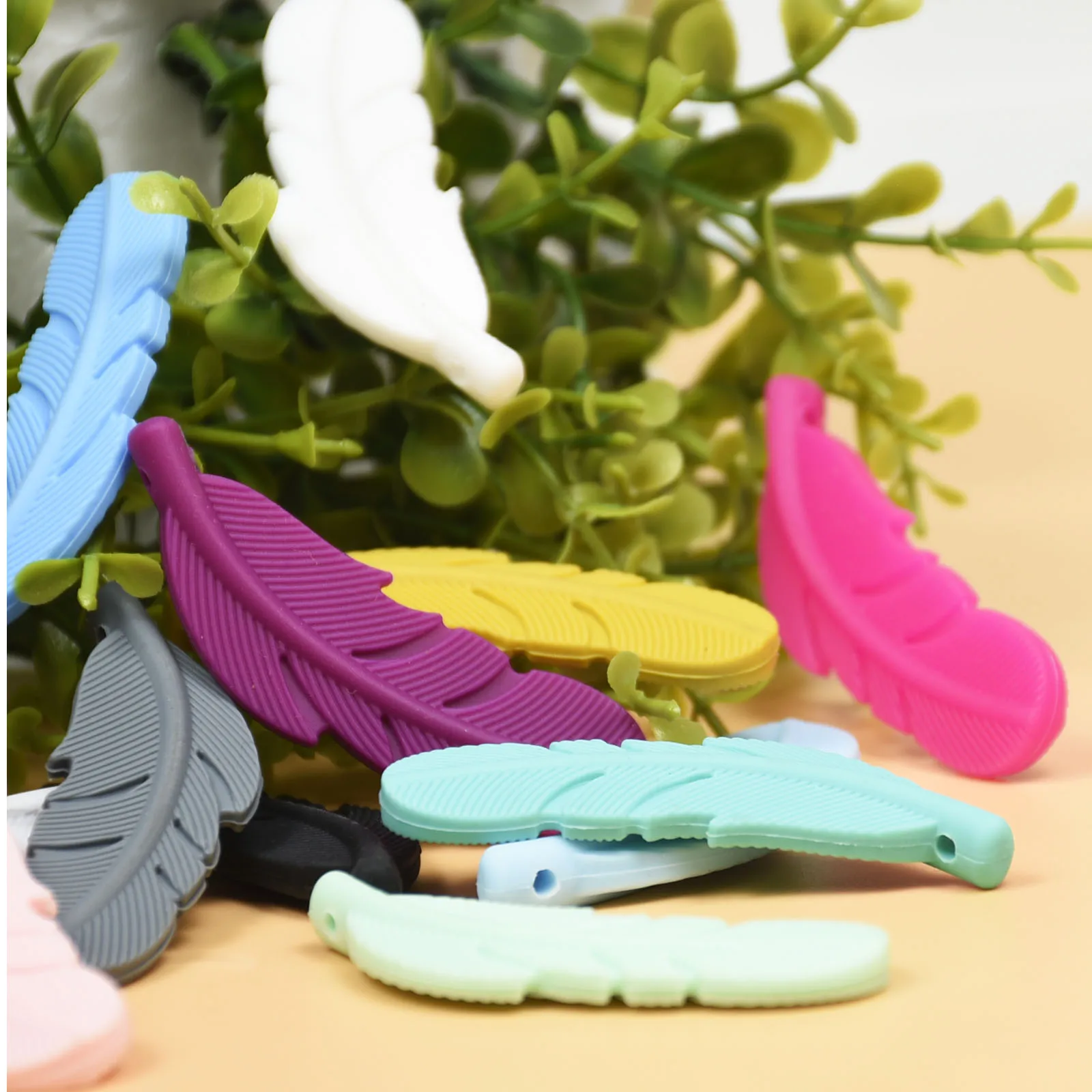 Colgante de pluma de silicona para beb&eacute;, collar de dentici&oacute;n infantil sin BPA, joyer&iacute;a de juguete para lactancia, 10 Uds.-2