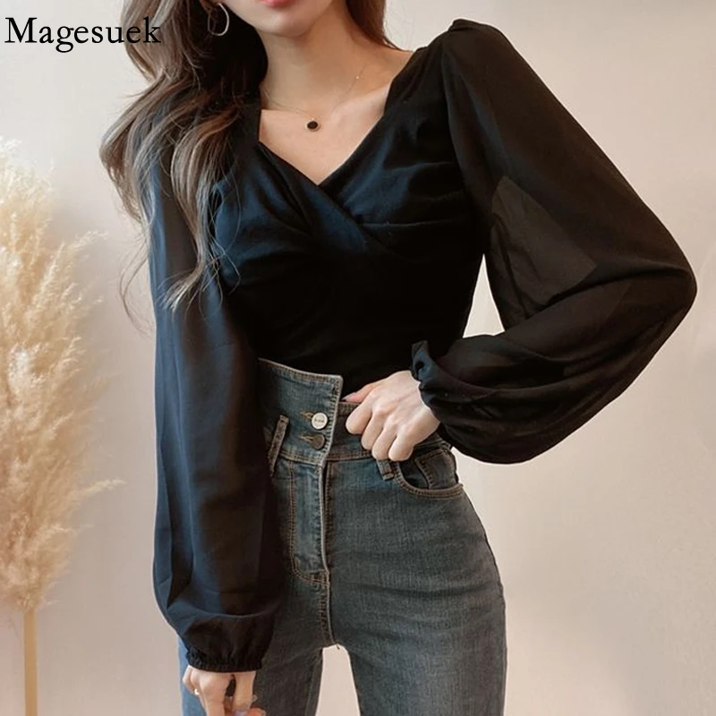 

Autumn Square Collar Sexy Women Blouse Korean Fashion Elegant Puff Long Sleeve Tops Chic Twist Pleated White Black Shirts 18039