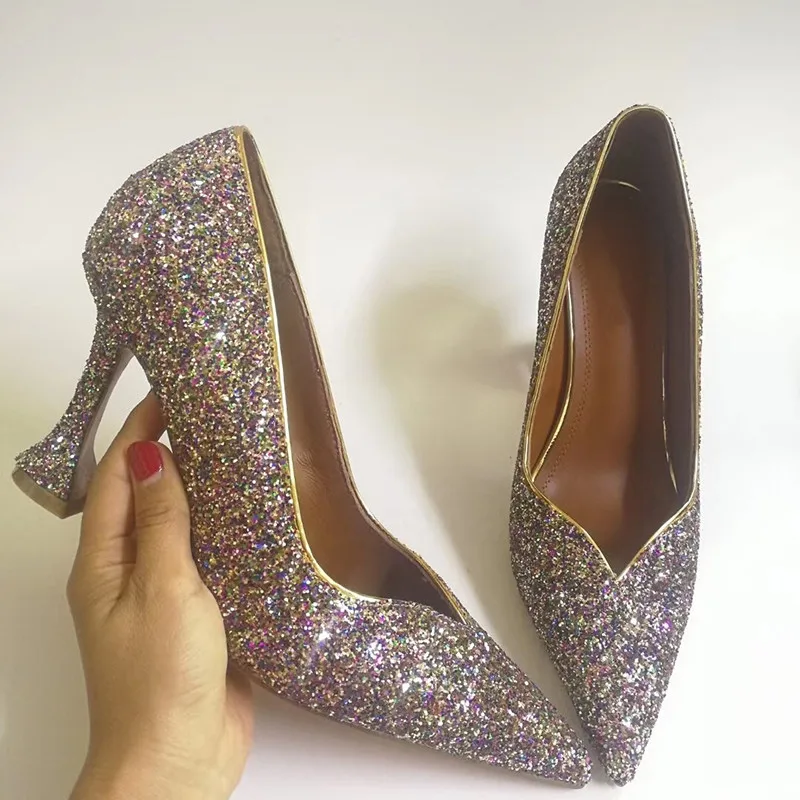 Туфли женские на высоком каблуке серебристые блестящие вечерние туфли-лодочки