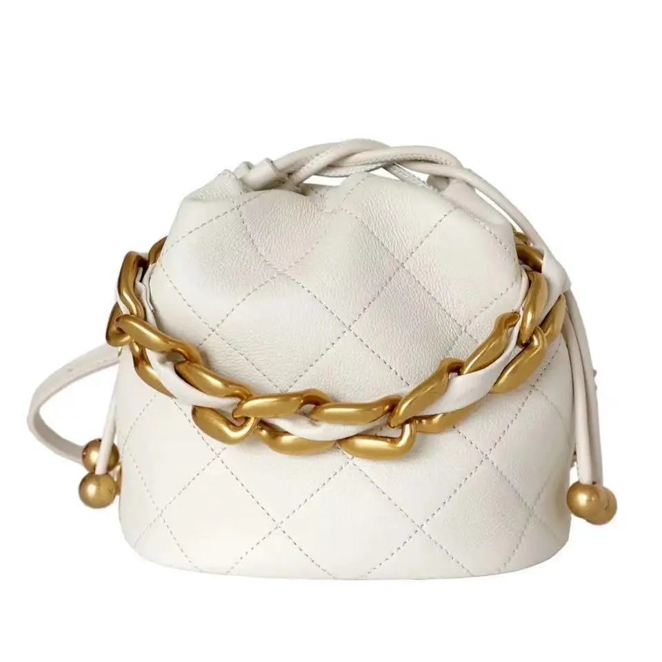 

High Quality Genuine Leather Bucket Bag Fashion Women Large Capacity Shoulder Bags Thick Golden Chains Diamond Lattice Handbags