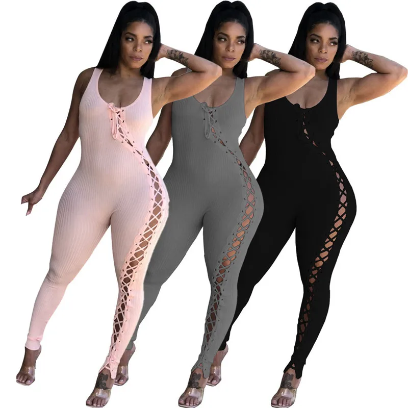 

YEYA Stretchy Casual Overalls Sexy Skinny Hollow Out Low Neck Sexy Sleeveless Eyelet Cross Lace Up Bandage Party Club Romper