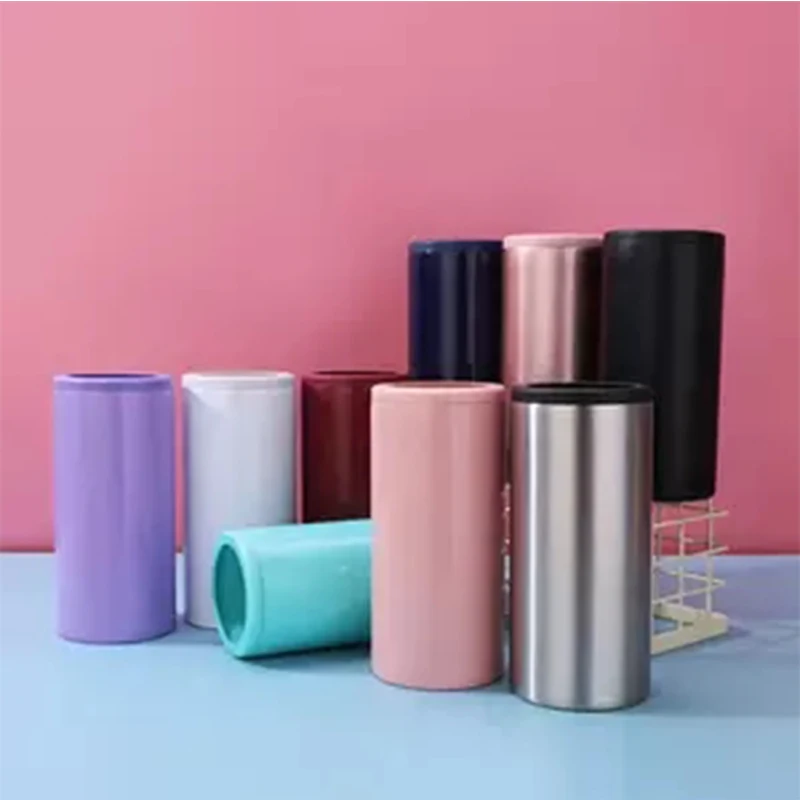 

Wholesale Hot Sale 12oz Slim Can Cooler Drink Holder Stainless Steel Skinny Vacuum Thermos 9 Colors Double Wall Cola Can Bottle